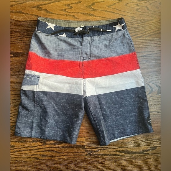 Rip Curl Board Shorts Mens 29 White Blue Red Retro Cargo Drawstring Surf Swim - Picture 1 of 6